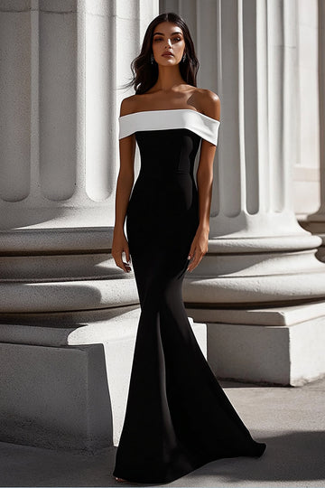 Robe formelle sirène en crêpe blanc noir à épaules dénudées